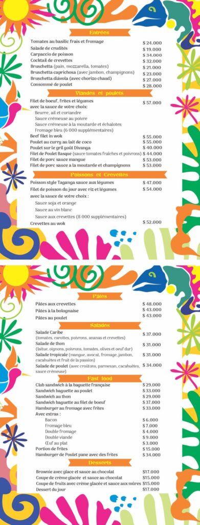 Menu complet de Divanga Restaurant en français
