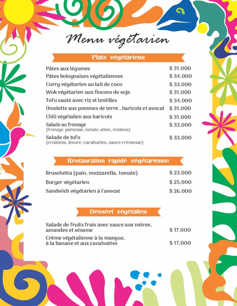 Vegetarian menu at divanga restaurant